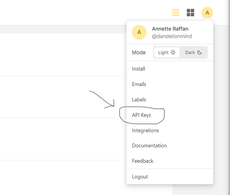 Obtaining the API key from Omnivore