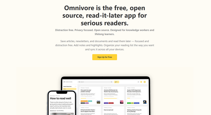 User interface of Omnivore showcasing its features