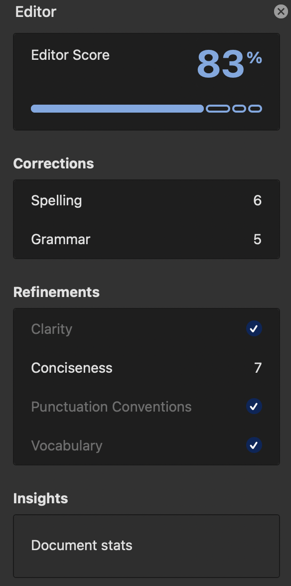 Screenshot of document statistics