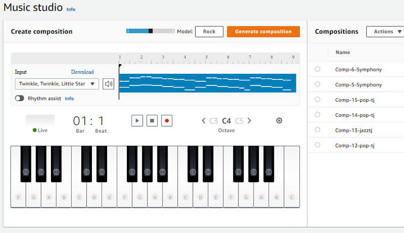 Screenshot of AWS DeepComposer interface