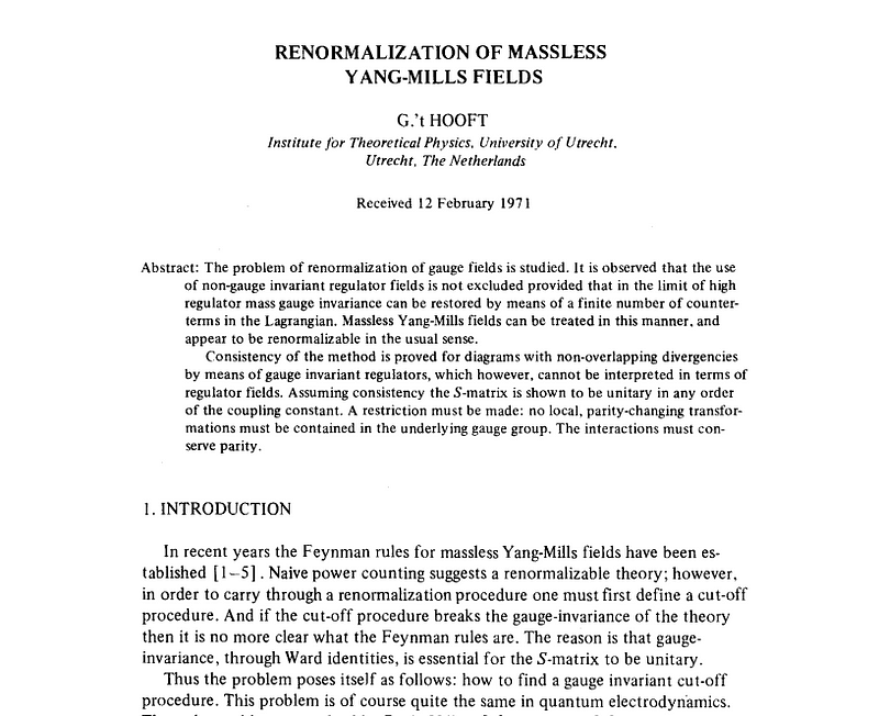 ‘t Hooft’s 1971 paper on the renormalization of massless Yang-Mills fields.