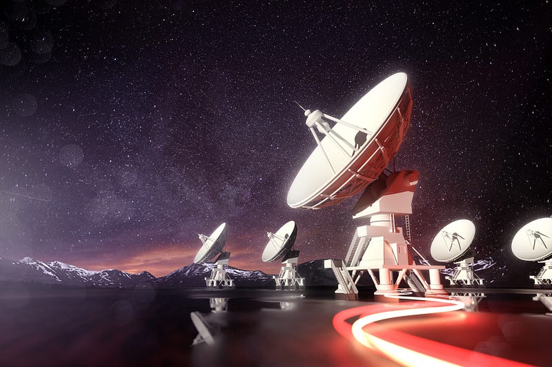 3D depiction of radio telescopes observing the night sky.