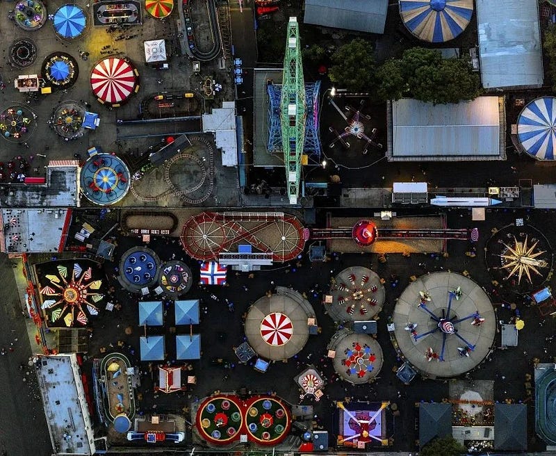 Aerial view of an amusement park resembling a pinball machine.