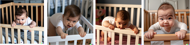 Baby doing push-ups in a crib