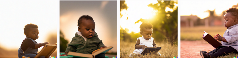 Baby reading a book during sunset