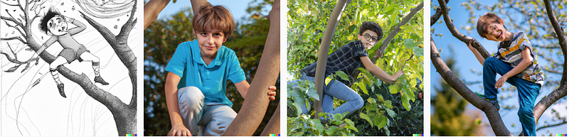 Genius child playing atop a tree