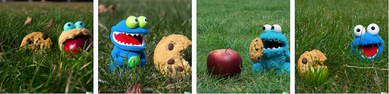 Cookie Monster enjoying an apple in a grassy field