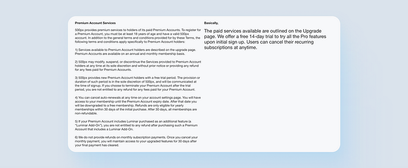 Simplified Terms of Service Layout by 500px