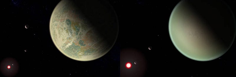 Conceptual image of water-bearing and dry exoplanets