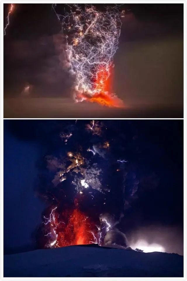 Volcanic lightning during an eruption