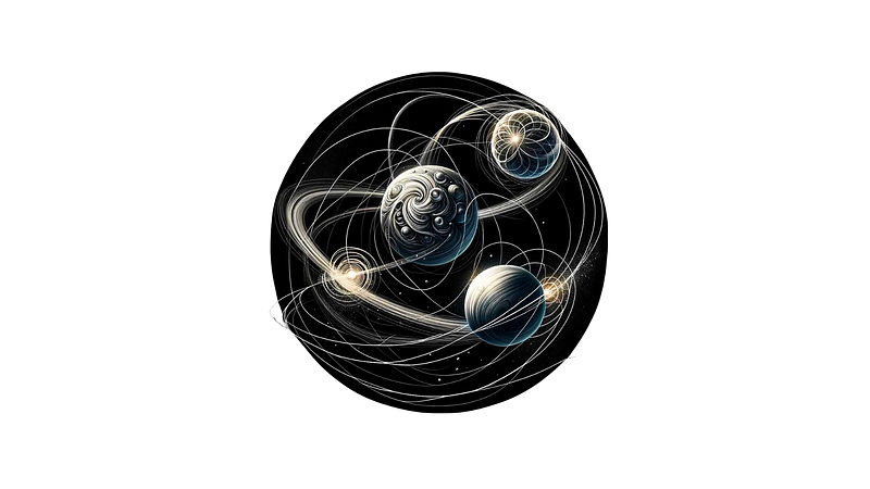 Illustration of three fictional planets in gravitational interaction