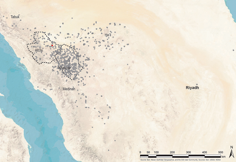 Map showing mustatil locations in Saudi Arabia