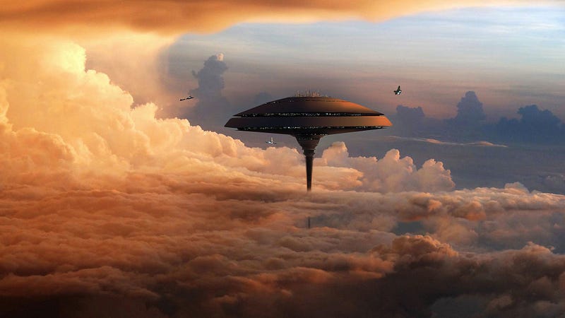 Cloud City as depicted in the Star Wars trilogy, also functioning as a fuel refining station.