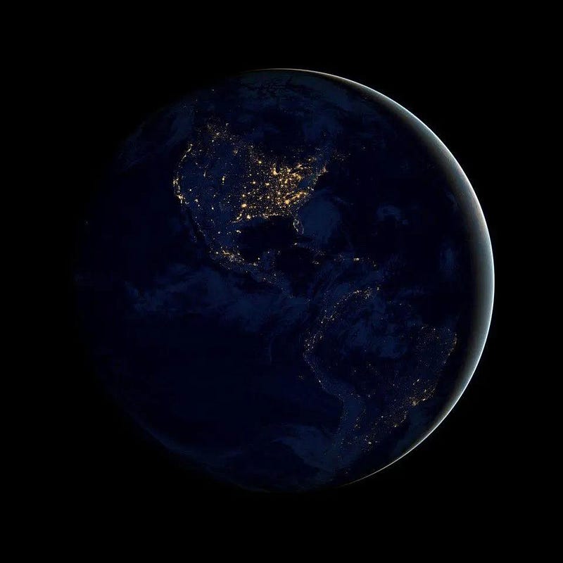 The Earth at night showcasing artificial lighting impact.