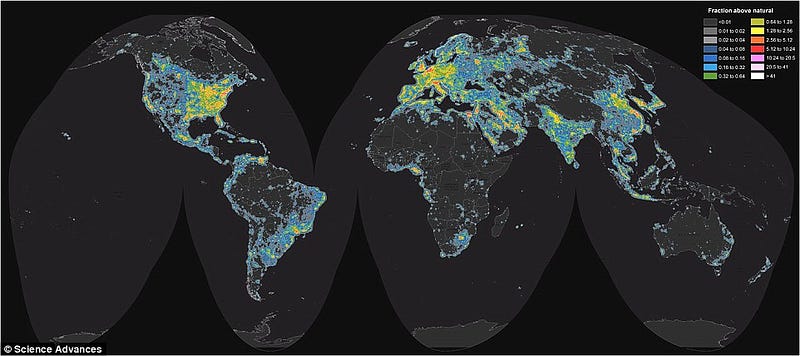 A global map illustrating light pollution intensity.